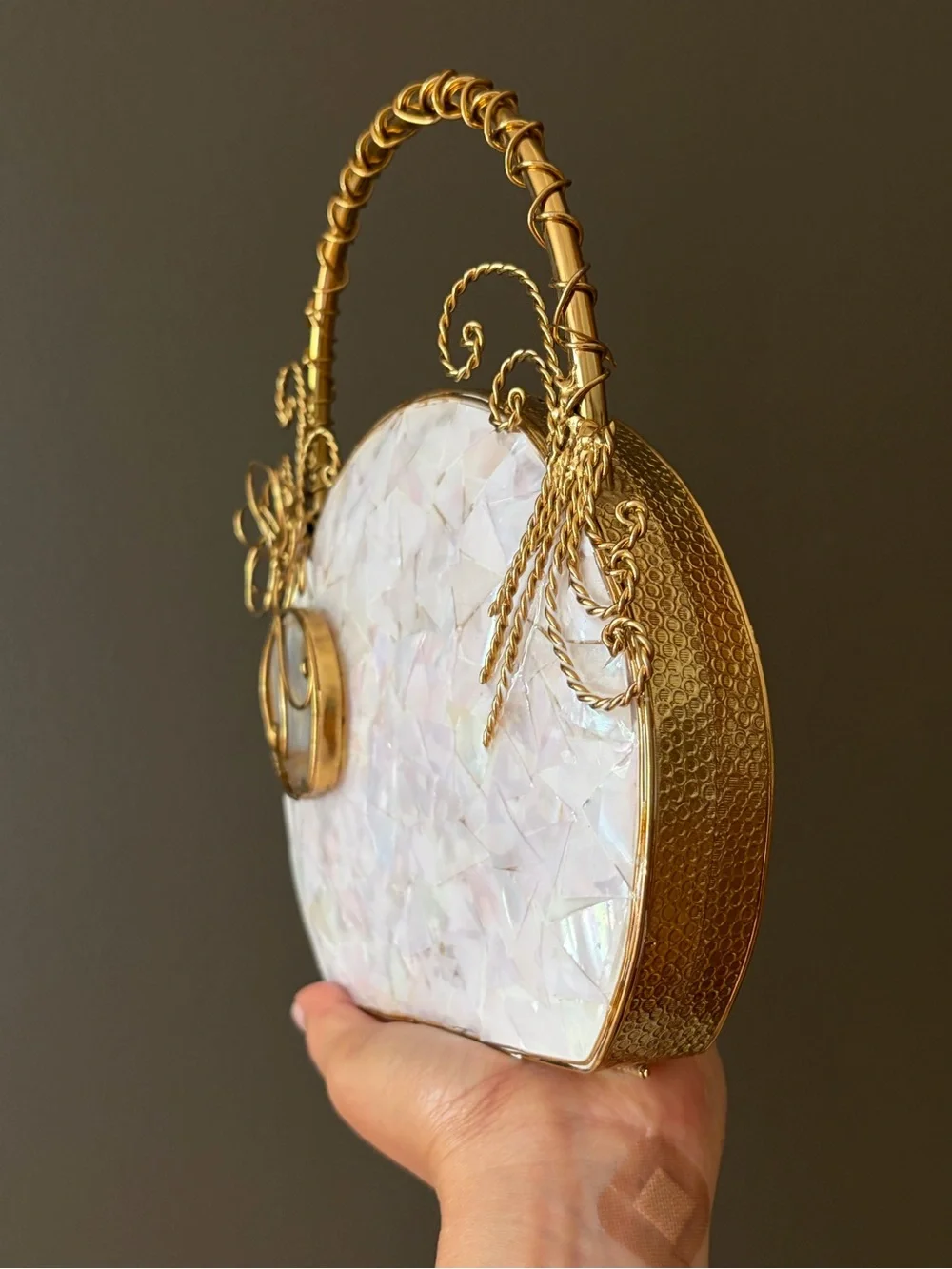 Handcrafted Iridescent Shell Circle Top-Handle Bag in White and Gold